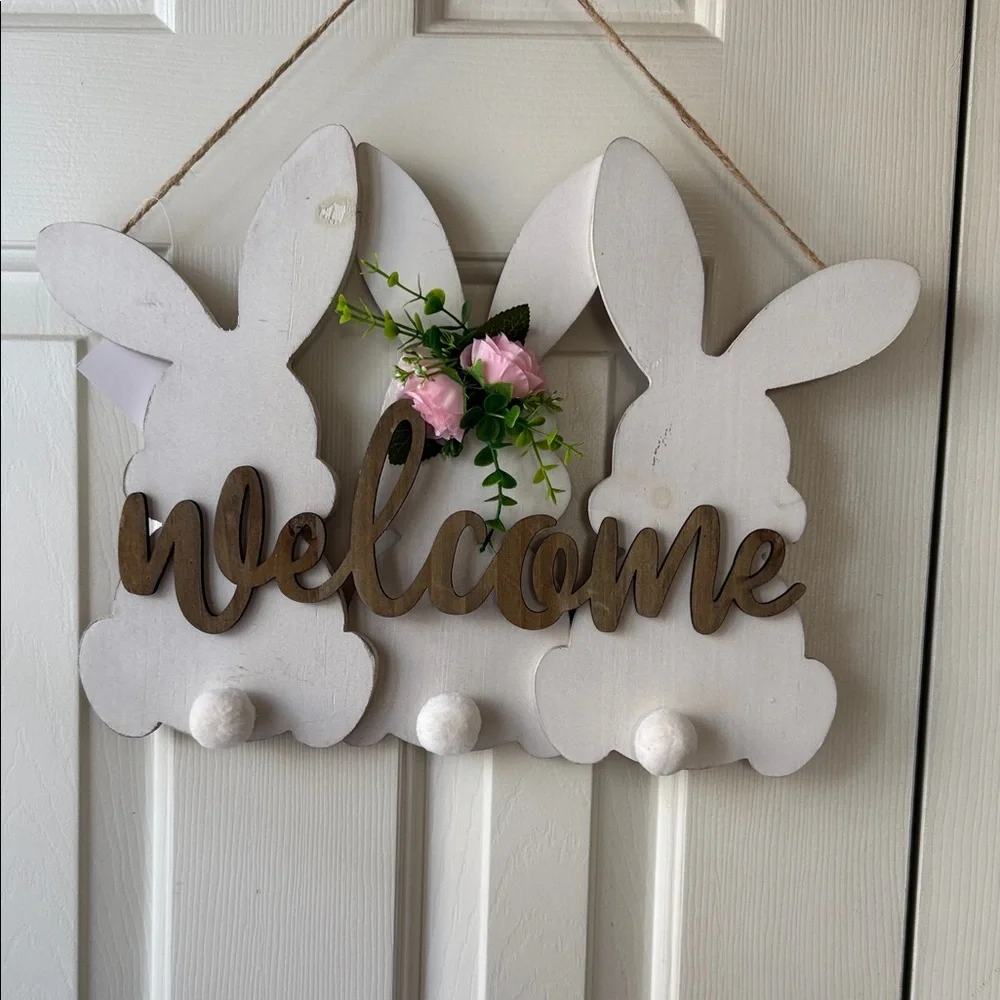 Hobby Lobby White Bunny Welcome Sign with Pink Flowers